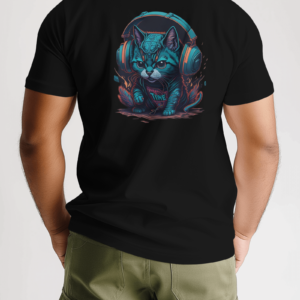 Cat Wearing Headphone Men’s Printed T-shirt Design Round Neck 100% Cotton